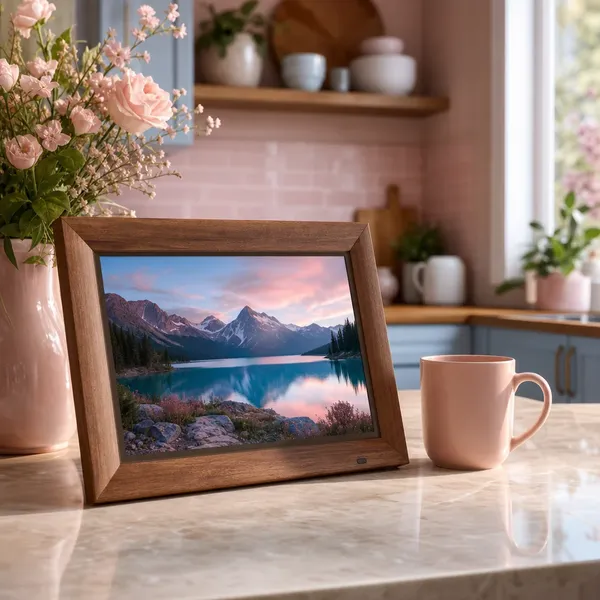 Digital photo frame showing a lake photo on a kitchen counter