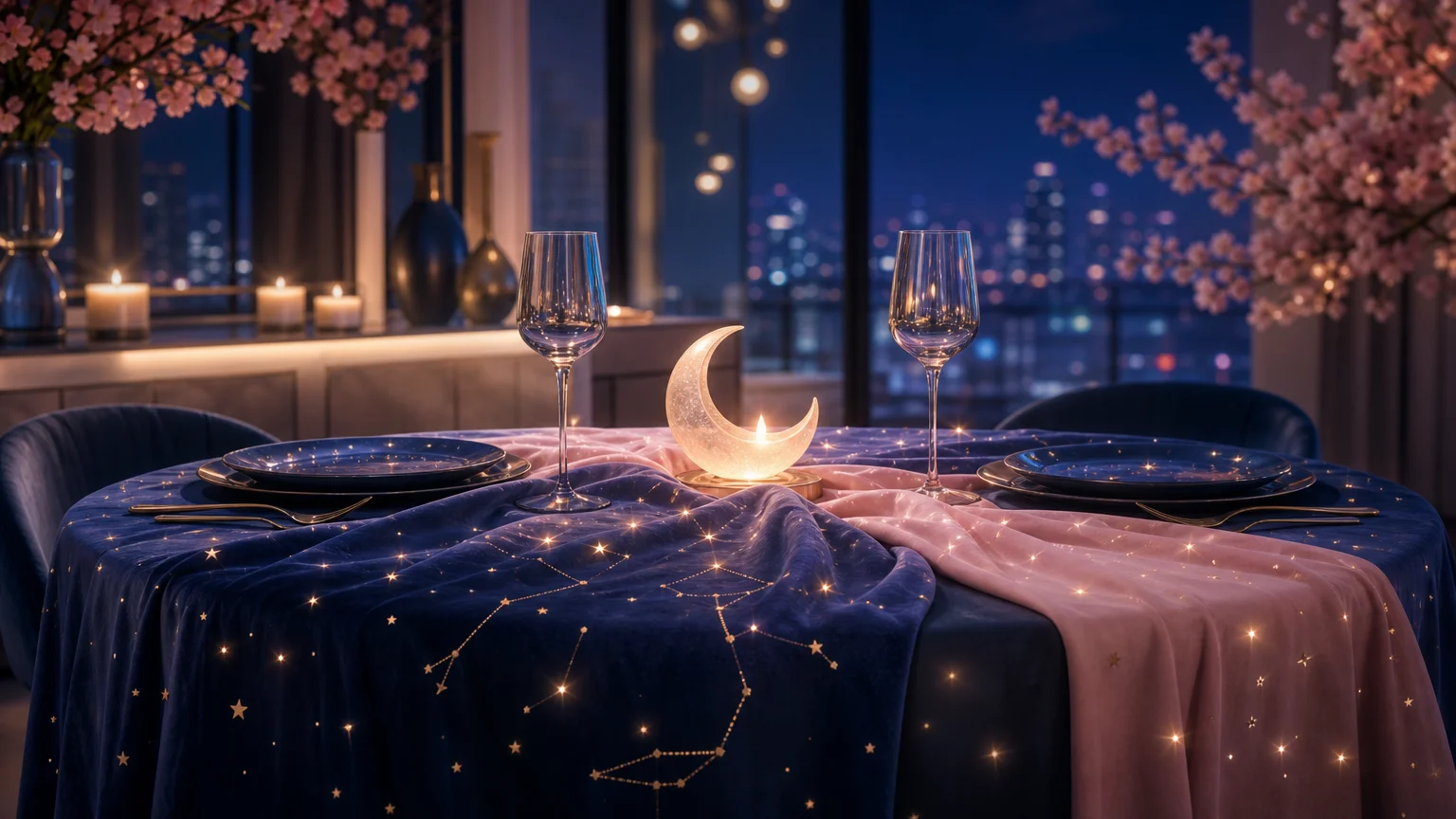 Uma mesa romântica à noite com duas taças, uma vela em forma de lua e uma toalha de veludo rosa e azul salpicada de pequenas estrelas